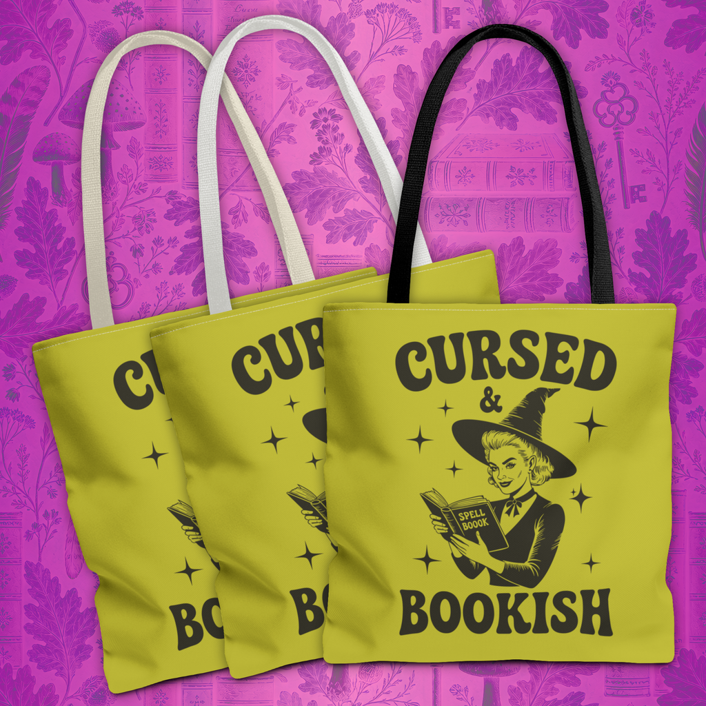 Cursed and Bookish Tote Bag — Green Witchy Reader Tote for Book Lovers