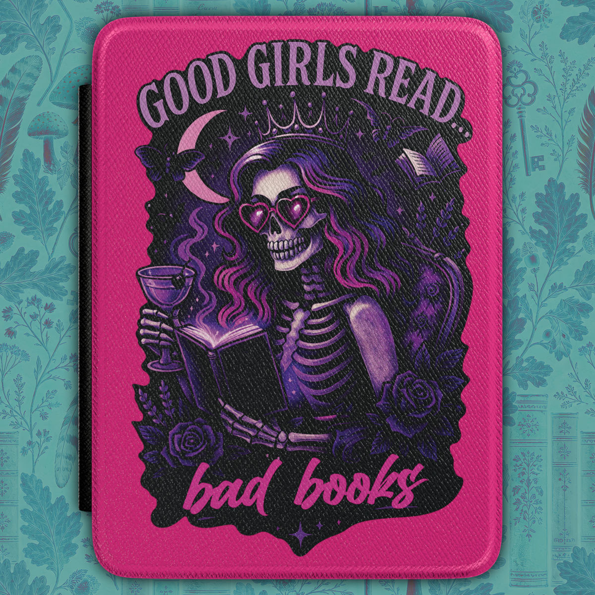 'Good Girls Read Bad Books' Gothic Skeleton Kindle Case - Bright Pink and Purple E- Reader Cover