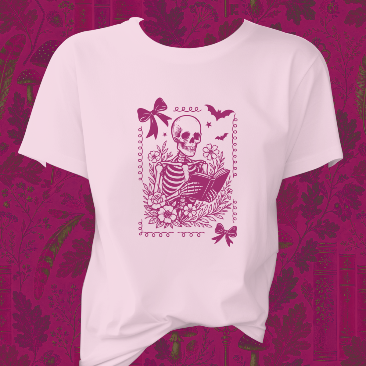 Skeleton Reading Coquette Frame Tee – Floral Skull Book Lover T-Shirt