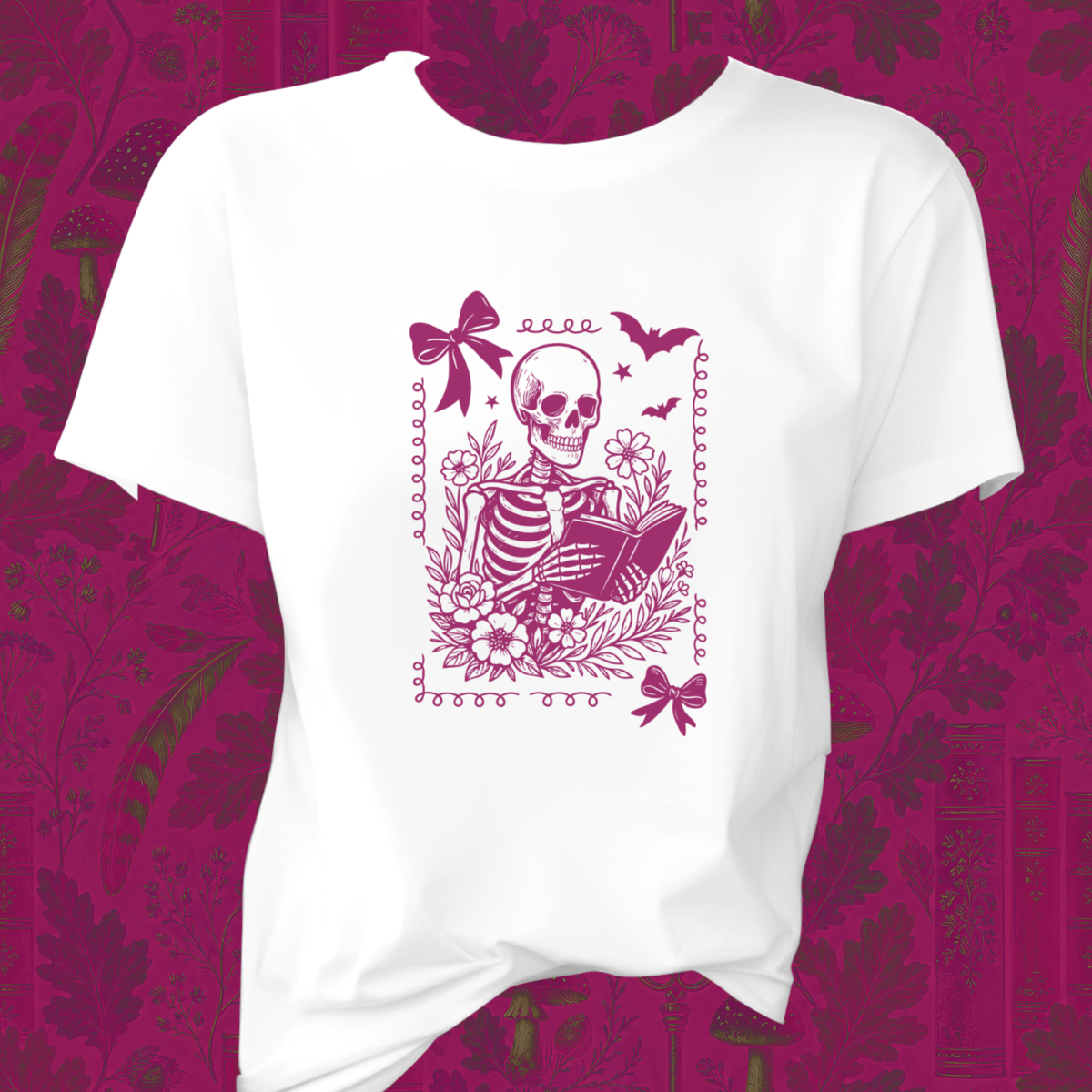 Skeleton Reading Coquette Frame Tee – Floral Skull Book Lover T-Shirt