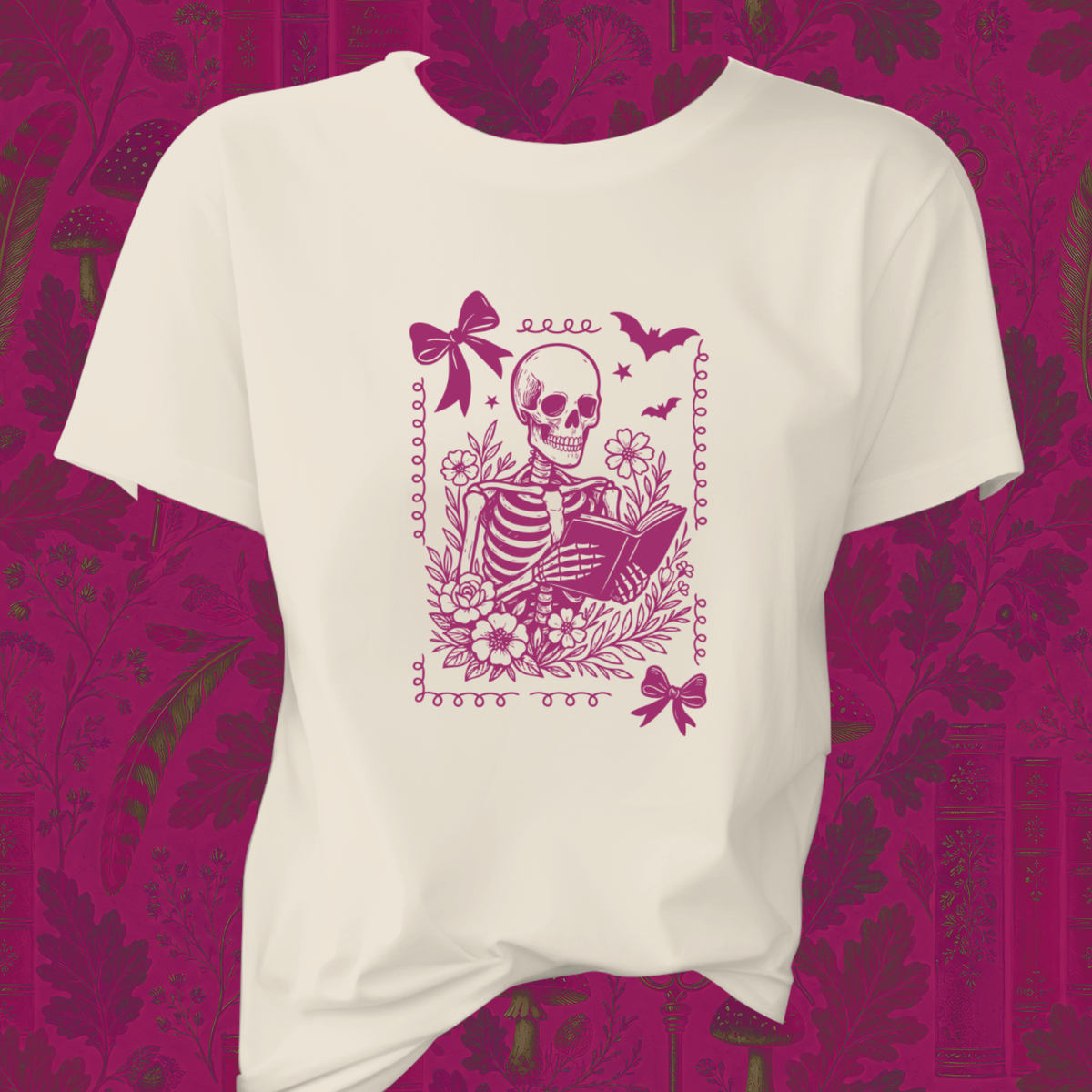 Skeleton Reading Coquette Frame Tee – Floral Skull Book Lover T-Shirt