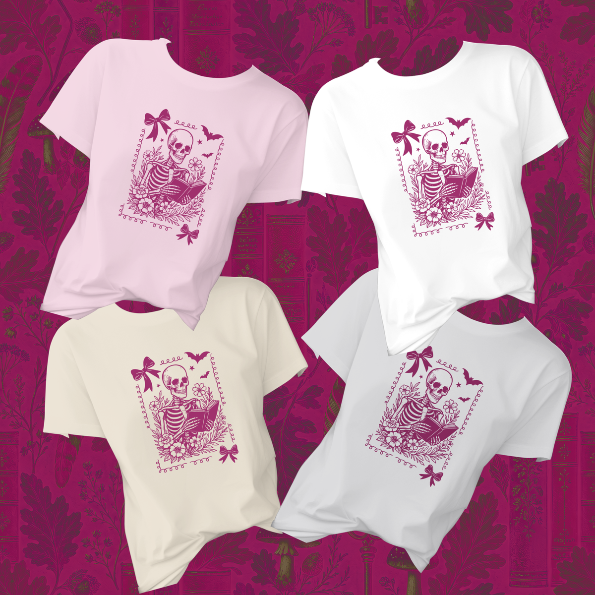Skeleton Reading Coquette Frame Tee – Floral Skull Book Lover T-Shirt