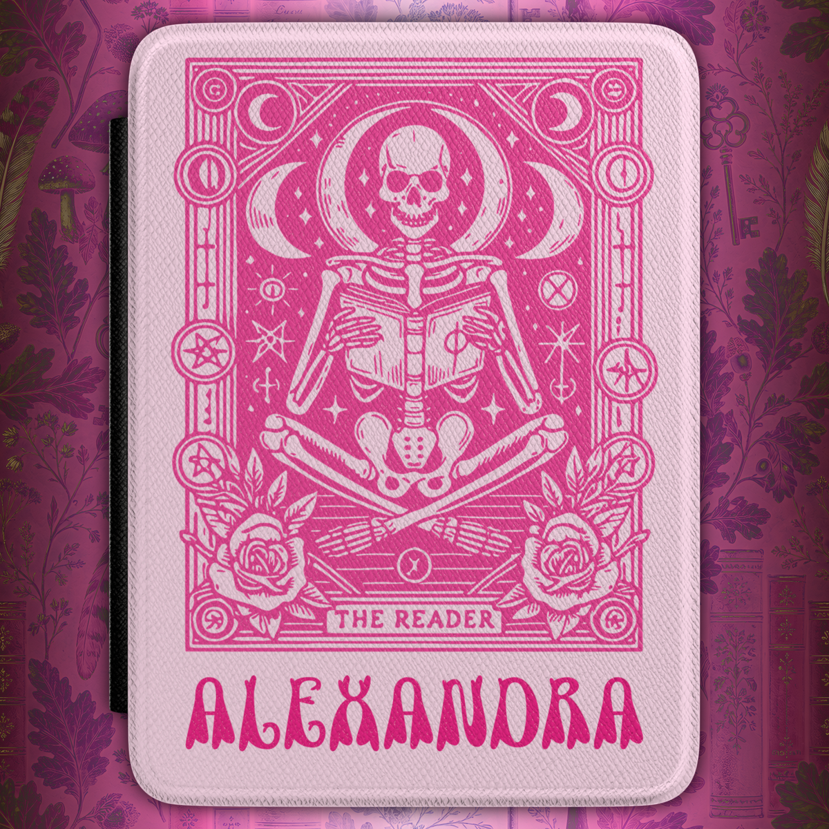 Personalized Pink Tarot Skeleton Kindle Case — "The Reader" Book Lover Cover