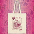 Coquette Framed Skeleton Reading Tote Bag — Vintage Gothic Skull Book Lover Canvas Tote