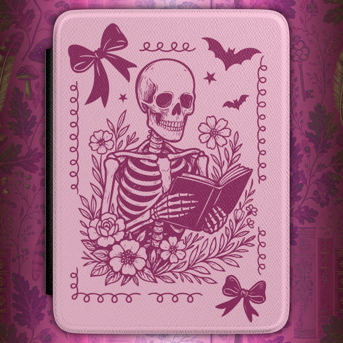 Floral Pink Skeleton Reading Kindle Case - Gothic Coquette Frame E-Reader Cover