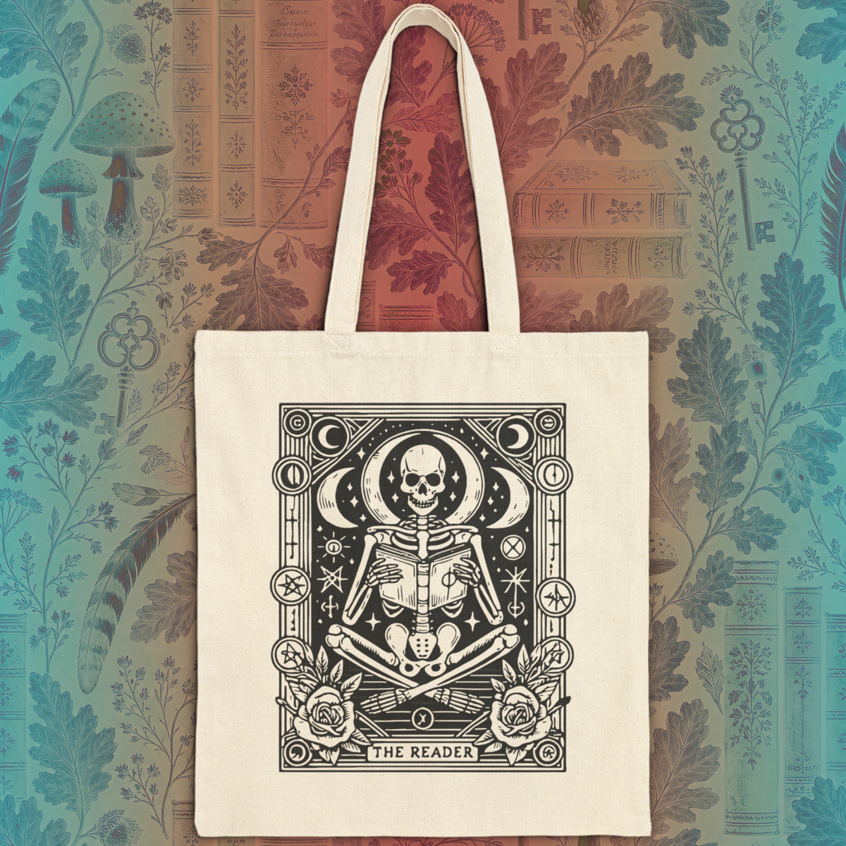 The Reader Skeleton Tarot Design in Black Cotton Canvas Tote