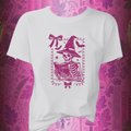 Pink Reading Witch Skeleton Tee — Cute Halloween Aesthetic Graphic T-Shirt