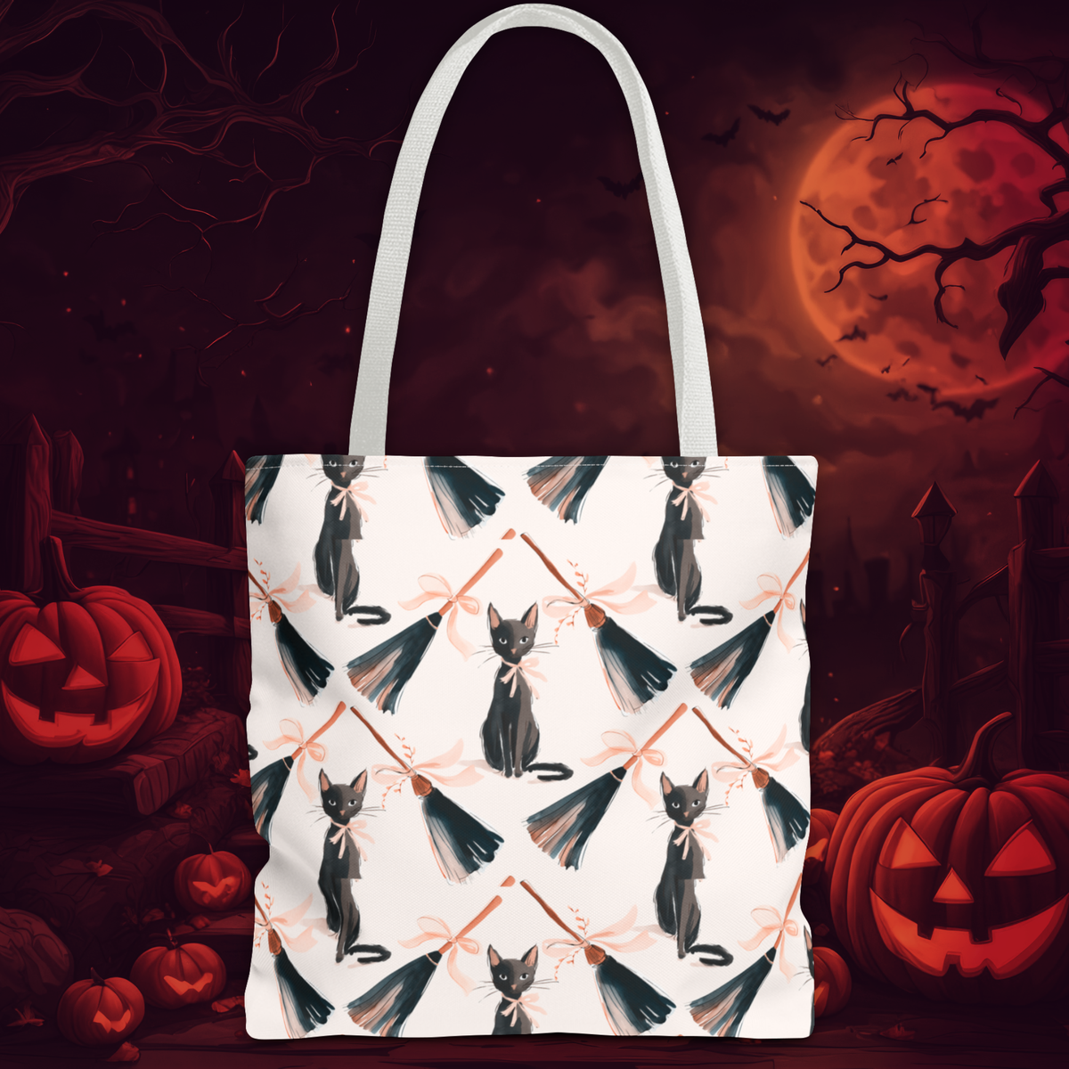 Witchy Black Cat and Broom Tote Bag