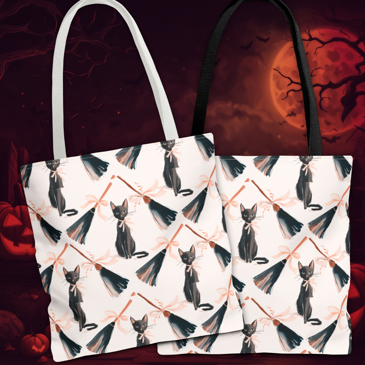 Witchy Black Cat and Broom Tote Bag
