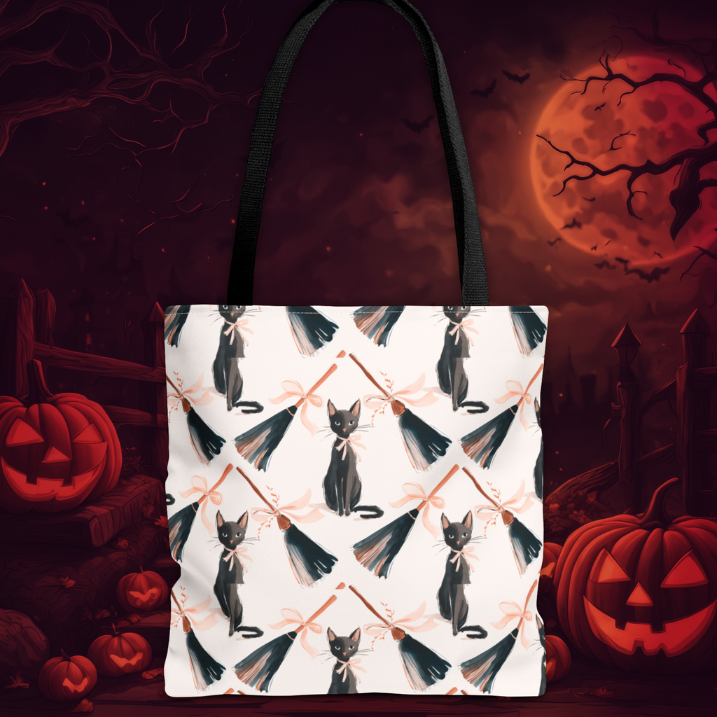 Witchy Black Cat and Broom Tote Bag