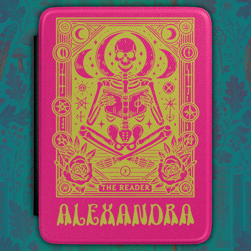 Personalized Gothic Skeleton Kindle Case – Pink and  Green "The Reader" Tarot Design