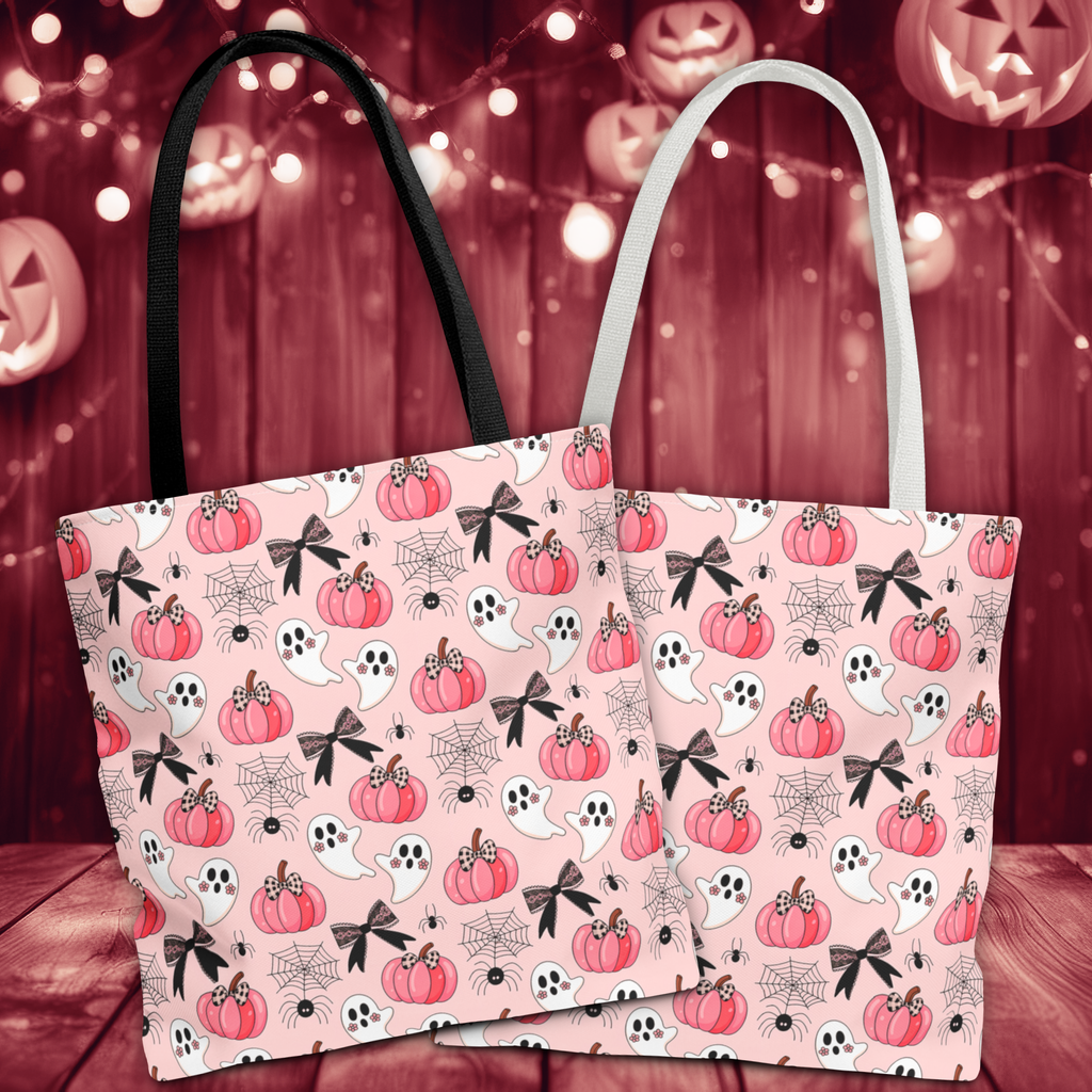 Coquette Pumpkin Halloween Tote Bag - Cute Ghosts and Bows Carryall