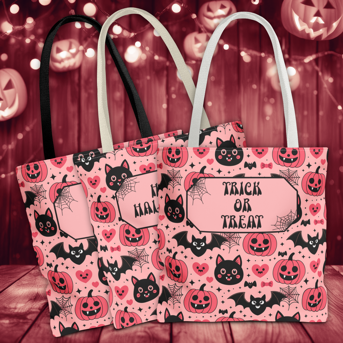 Pink Halloween Trick or Treat Bag  -Personalizable Carryall with Cute Cats, Bats and Jack-O'-Lanterns