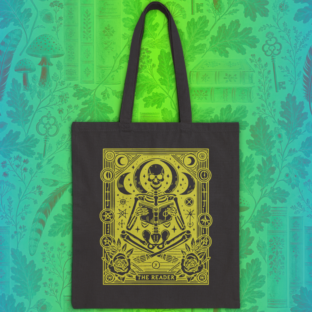 The Reader Skeleton Tarot Design in Green Cotton Canvas Tote
