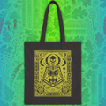 The Reader Skeleton Tarot Design in Green Cotton Canvas Tote