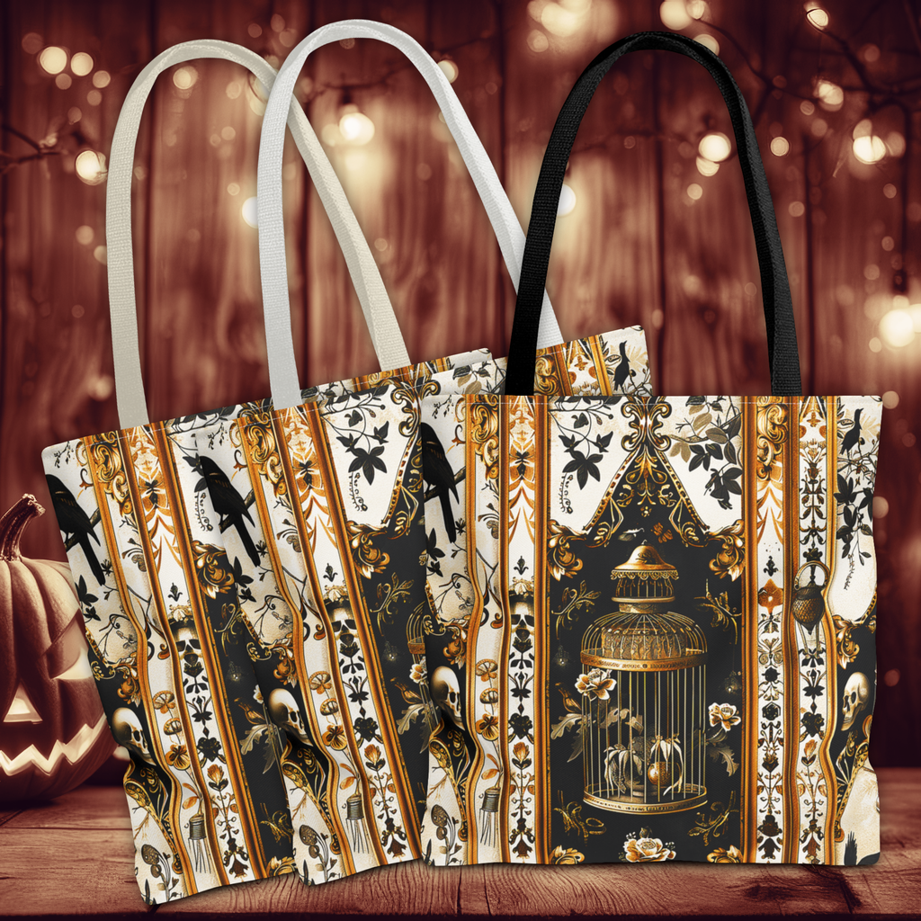 Vintage Gothic Birdcage Tote Bag - Victorian Skull and Floral Pattern Carryall