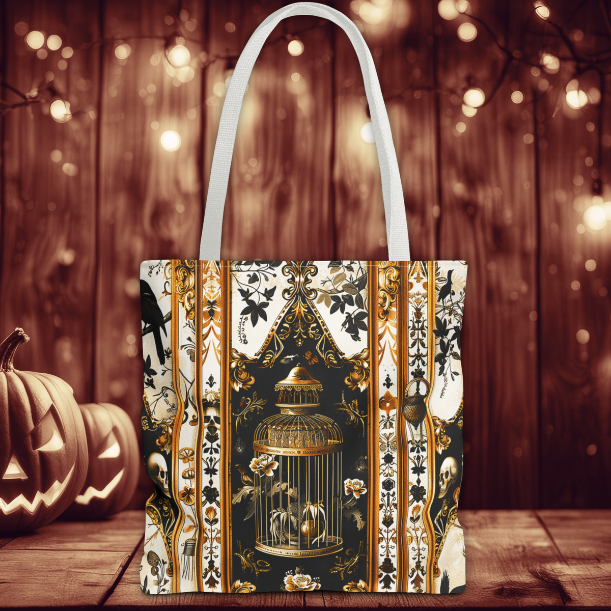 Vintage Gothic Birdcage Tote Bag - Victorian Skull and Floral Pattern Carryall