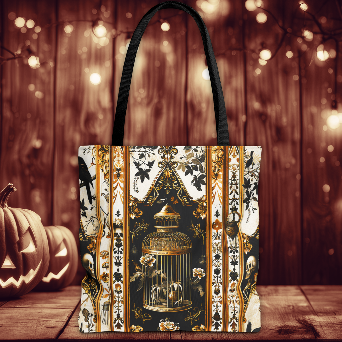 Vintage Gothic Birdcage Tote Bag - Victorian Skull and Floral Pattern Carryall