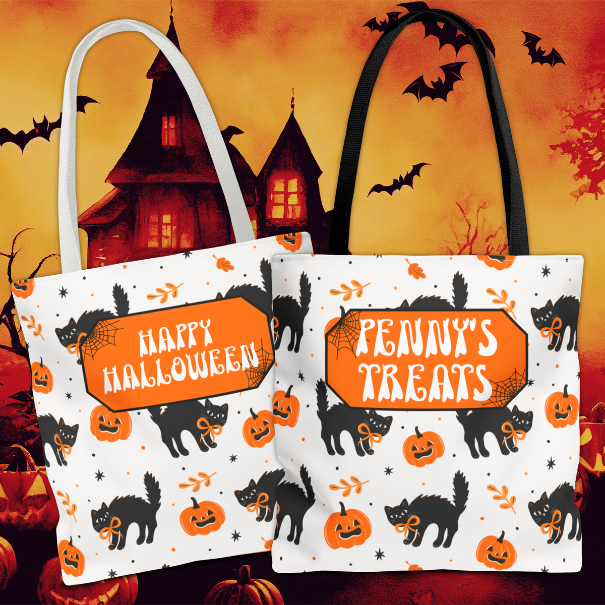 Cute Black Cats and Pumpkins Carryall -Personalized Halloween Trick or Treat Tote Bag