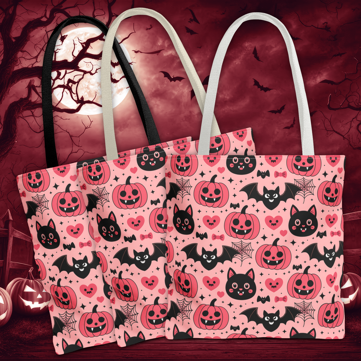 Cute Halloween Trick or Treat Tote Bag  - Pink Pumpkins, Black Cats and Bats Candy Carryall