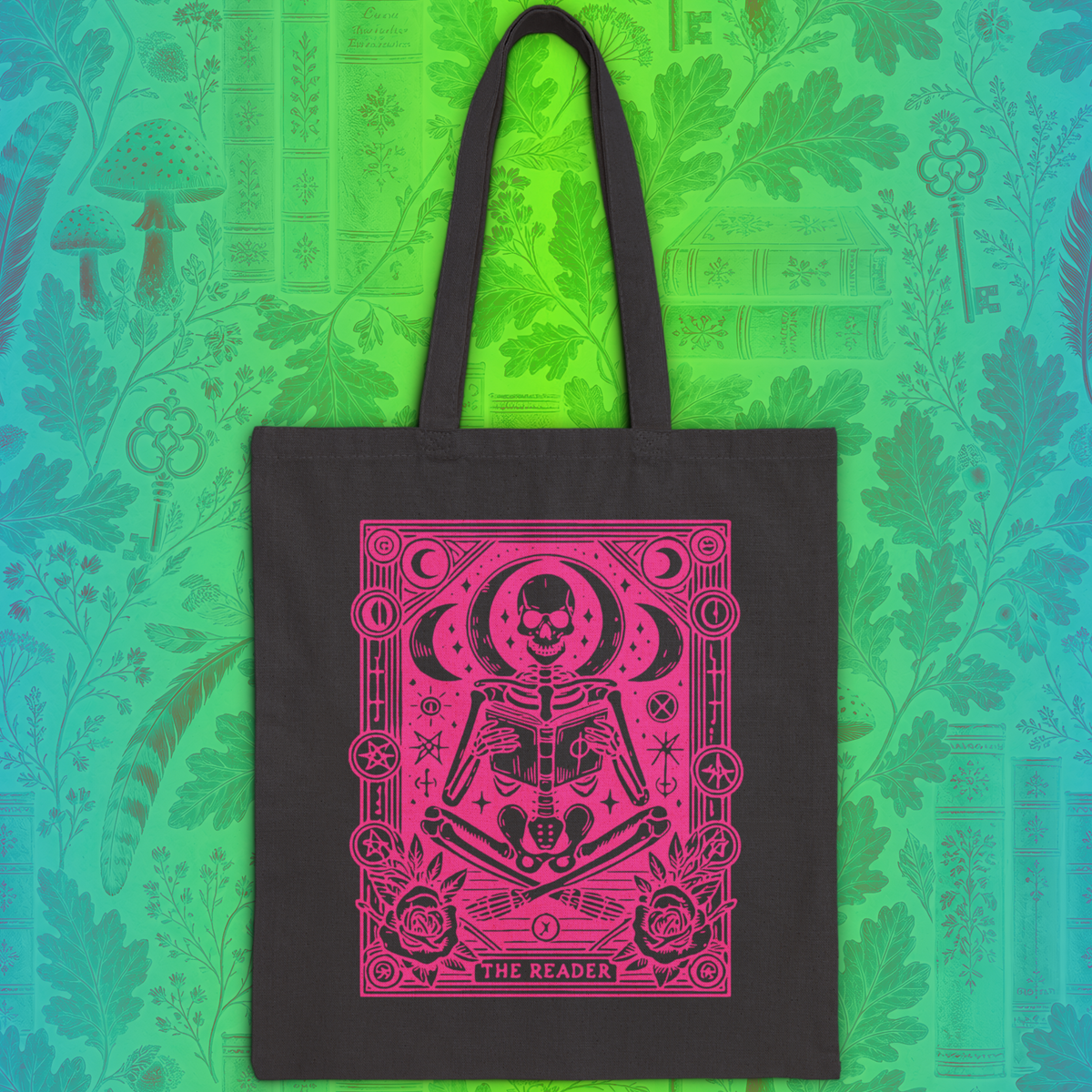 The Reader Skeleton Tarot Design in Pink Cotton Canvas Tote