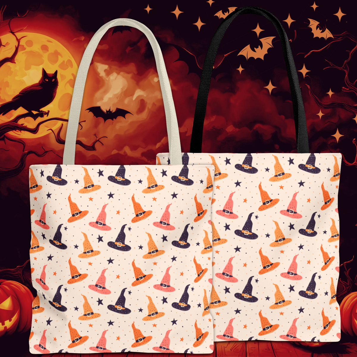 Halloween Witch Hat Tote Bag - Cute All-Over-Print Spooky Pattern