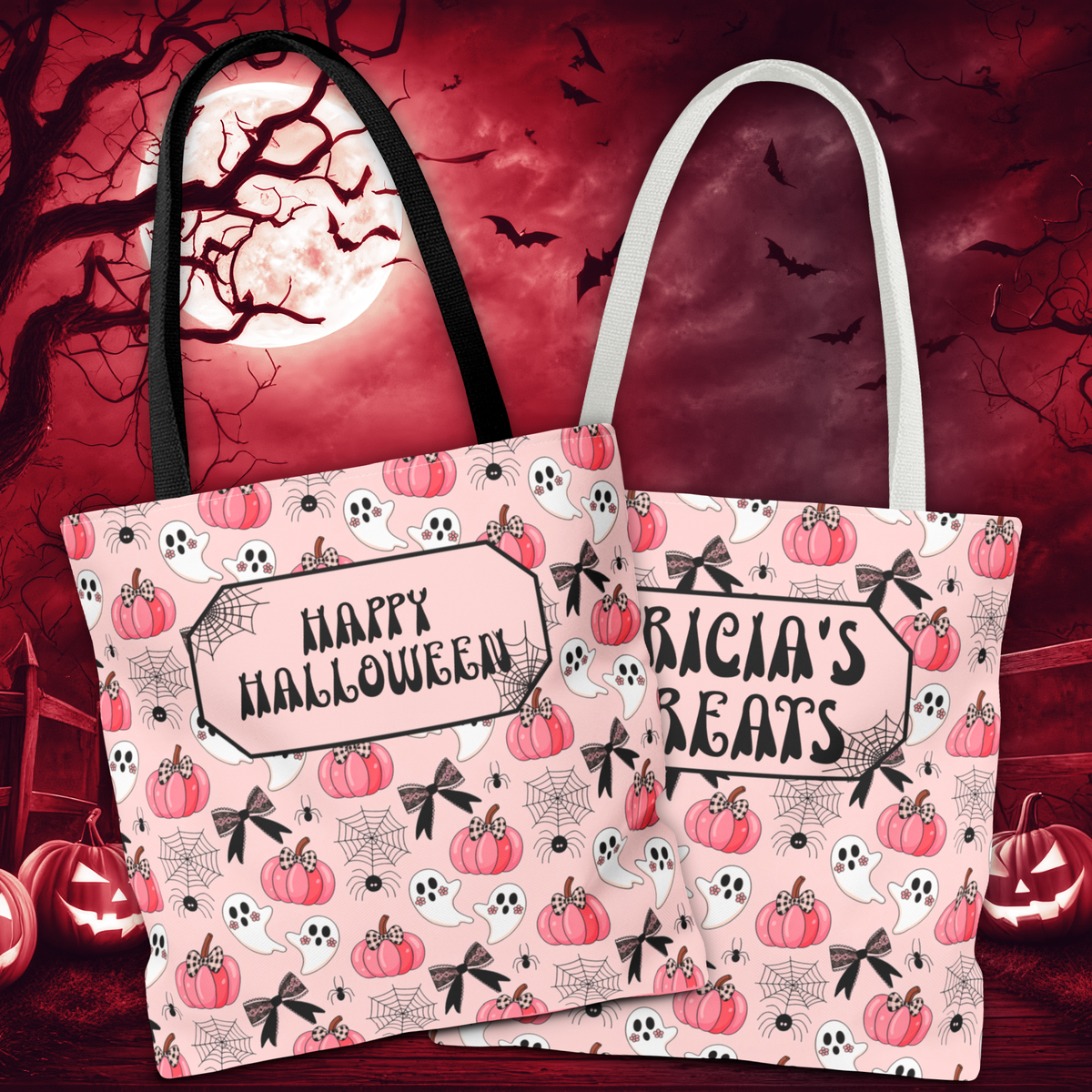 Pink Pumpkin Halloween Tote Bag - Cute Ghosts and Bows Personalizable Trick or Treat Bag