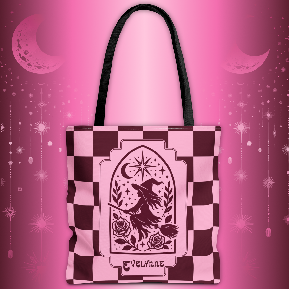 Pink and Burgundy Witch Silhouette Tote Bag - Personalizable Retro Goth Carryall