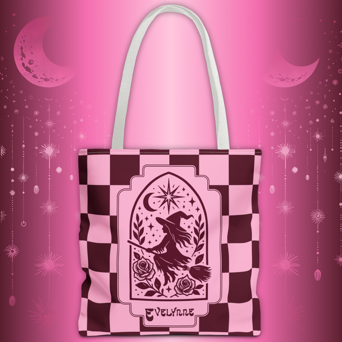 Pink and Burgundy Witch Silhouette Tote Bag - Personalizable Retro Goth Carryall