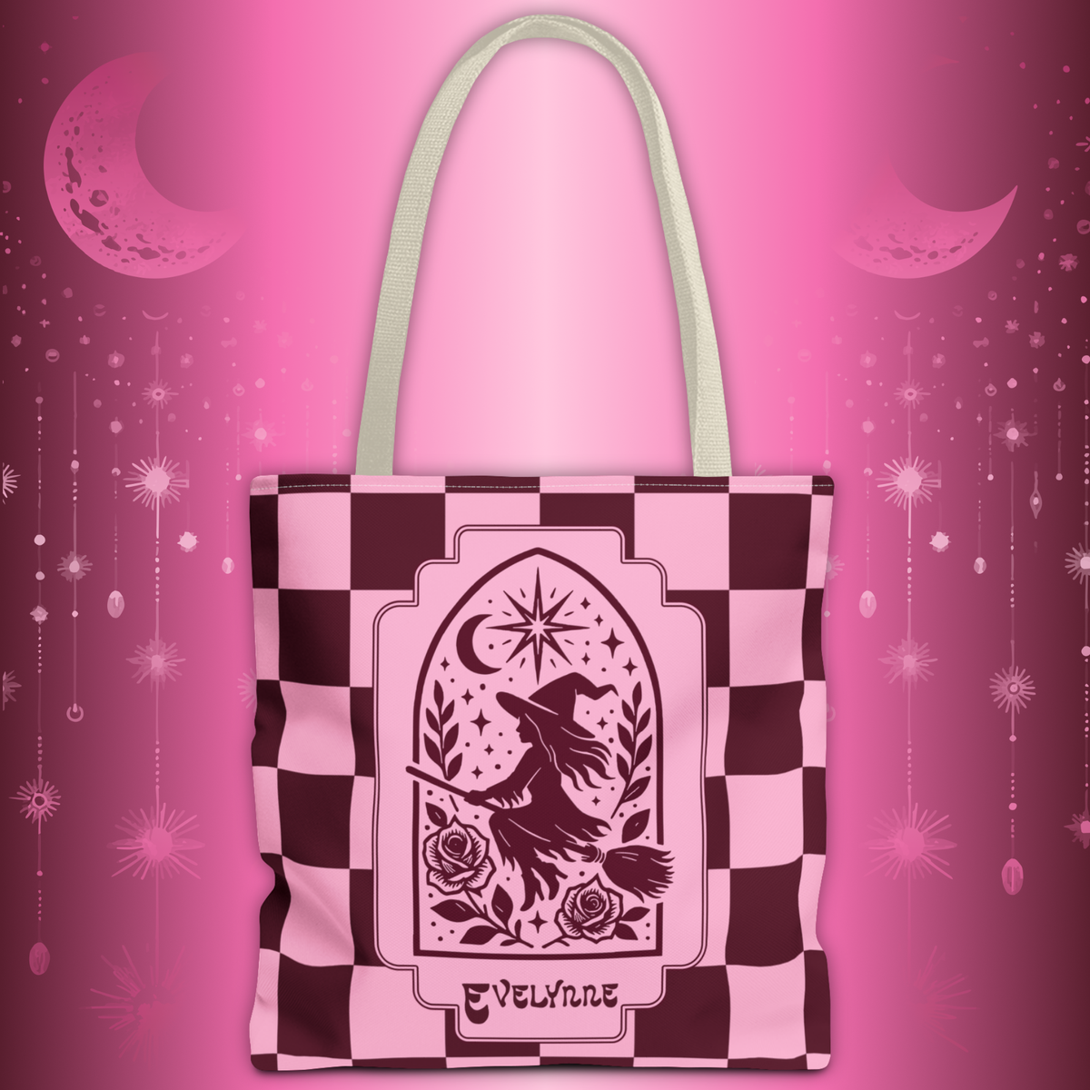 Pink and Burgundy Witch Silhouette Tote Bag - Personalizable Retro Goth Carryall