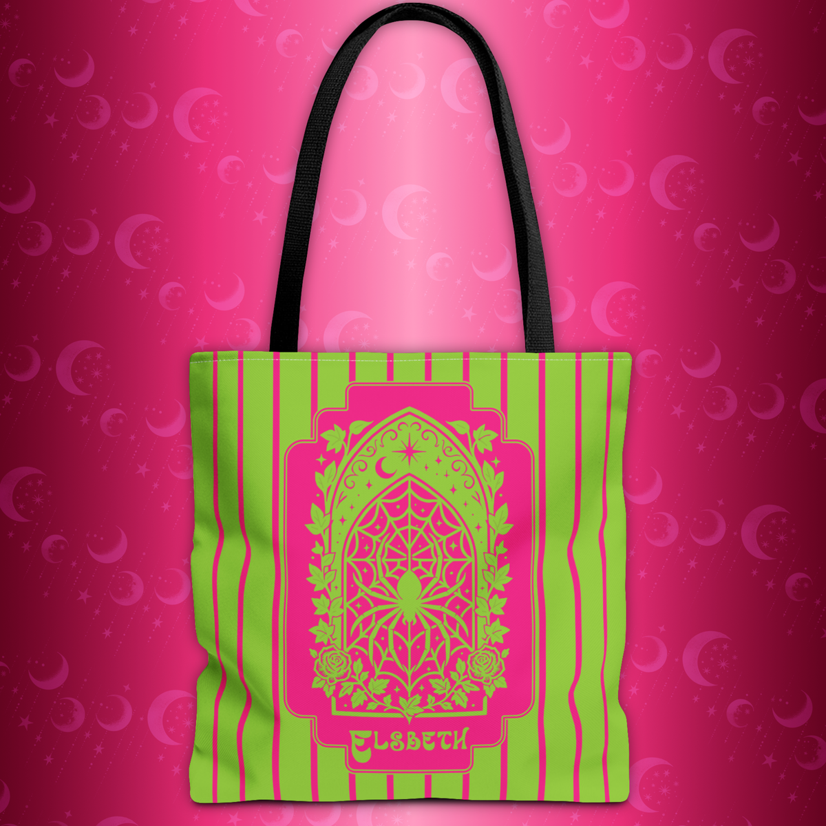 Personalized Green and Pink Retro Goth Tote with Mystic Spider Stained Glass Design