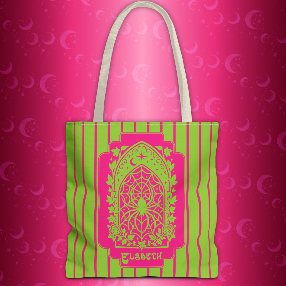 Personalized Green and Pink Retro Goth Tote with Mystic Spider Stained Glass Design