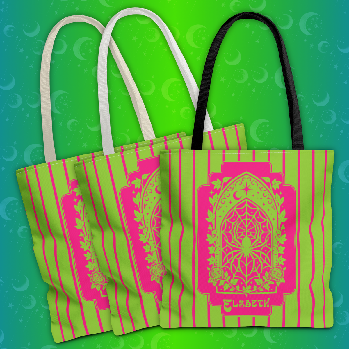Personalized Green and Pink Retro Goth Tote with Mystic Spider Stained Glass Design