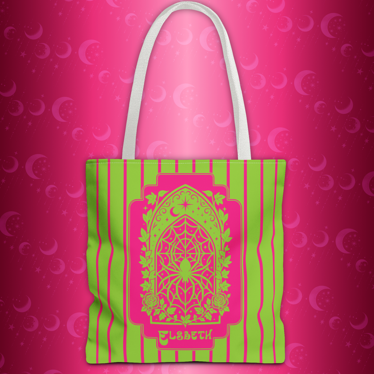 Personalized Green and Pink Retro Goth Tote with Mystic Spider Stained Glass Design