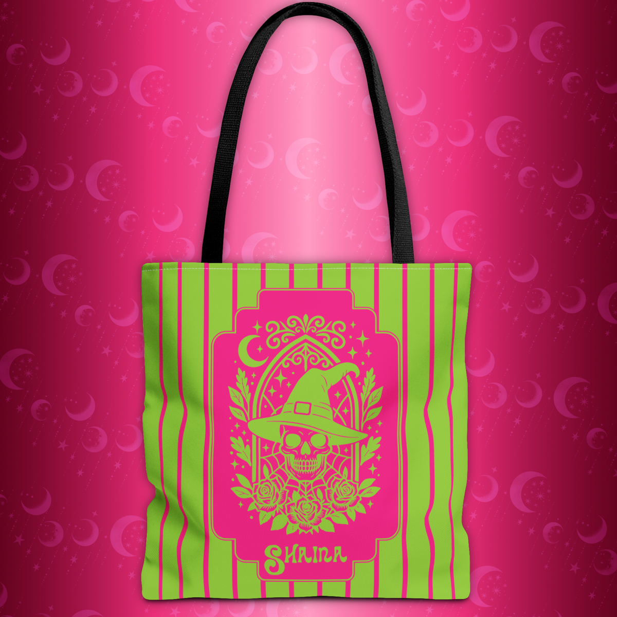 Retro Goth Skull Witch Tote Bag — Neon Pink and Lime Striped Tote