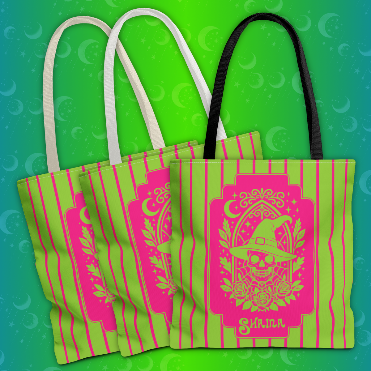 Retro Goth Skull Witch Tote Bag — Neon Pink and Lime Striped Tote