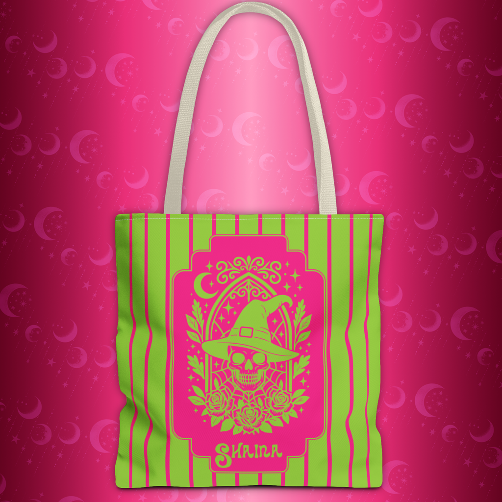 Retro Goth Skull Witch Tote Bag — Neon Pink and Lime Striped Tote