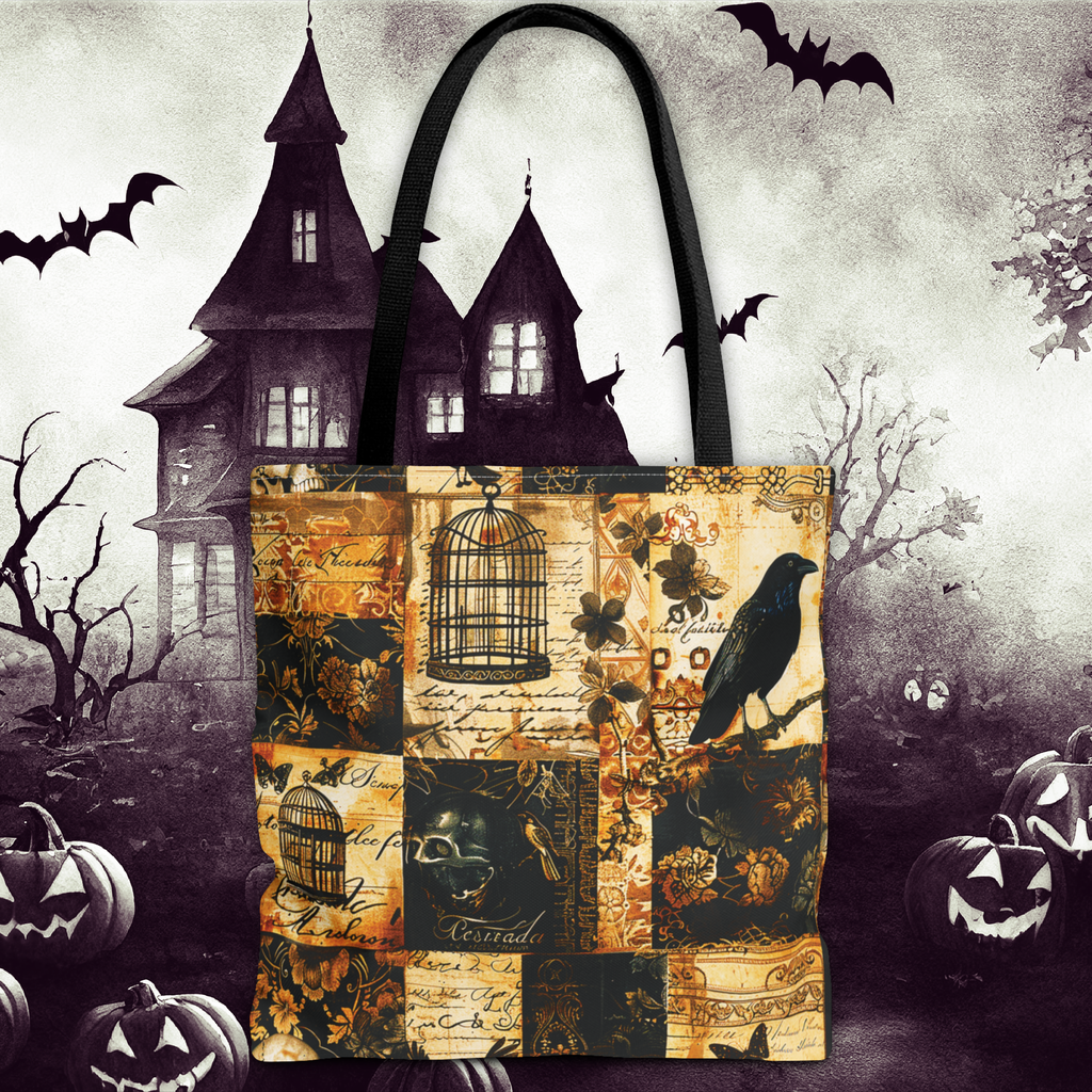 Gothic Raven Patchwork Tote Bag – Vintage Sepia and Black Collage Print