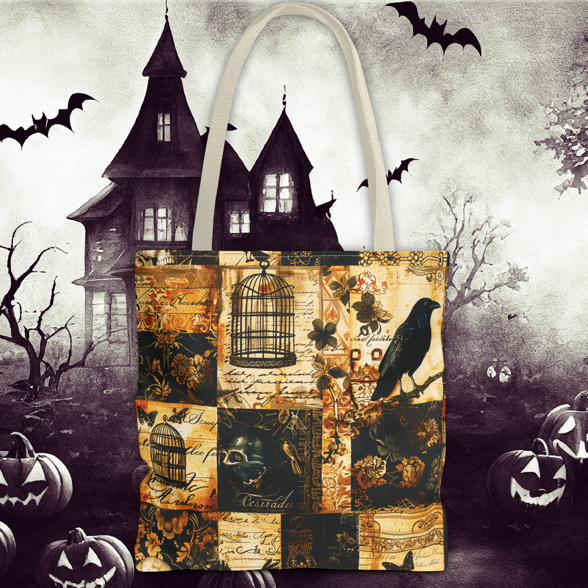 Gothic Raven Patchwork Tote Bag – Vintage Sepia and Black Collage Print