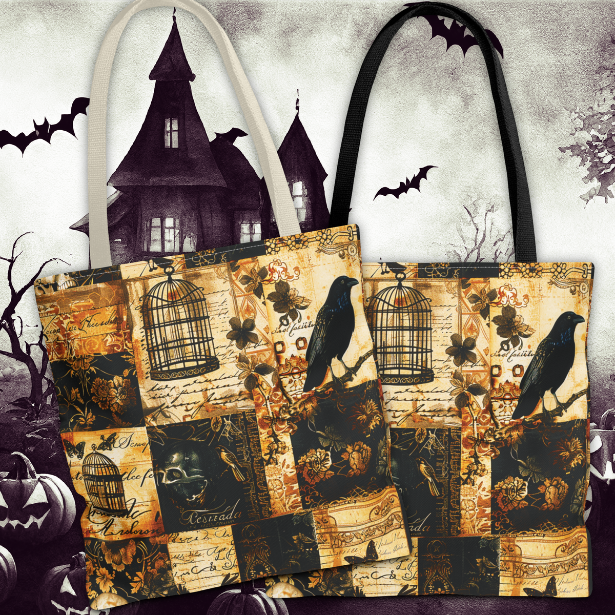 Gothic Raven Patchwork Tote Bag – Vintage Sepia and Black Collage Print