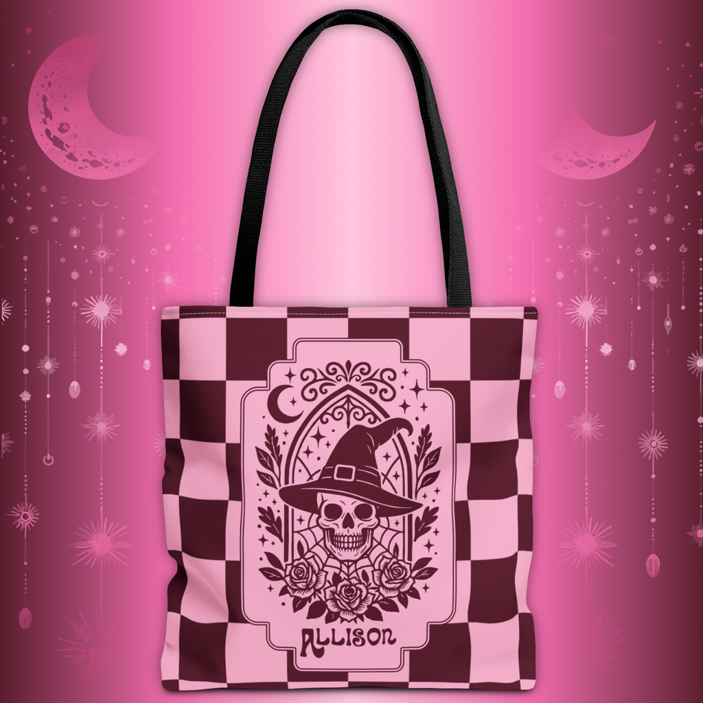 Pink Spooky Checkerboard Carryall - Gothic Witch Skull Personalizable Tote