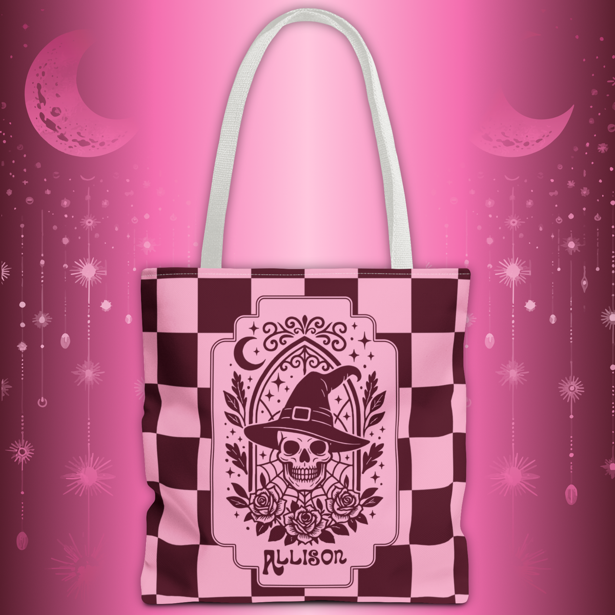 Pink Spooky Checkerboard Carryall - Gothic Witch Skull Personalizable Tote