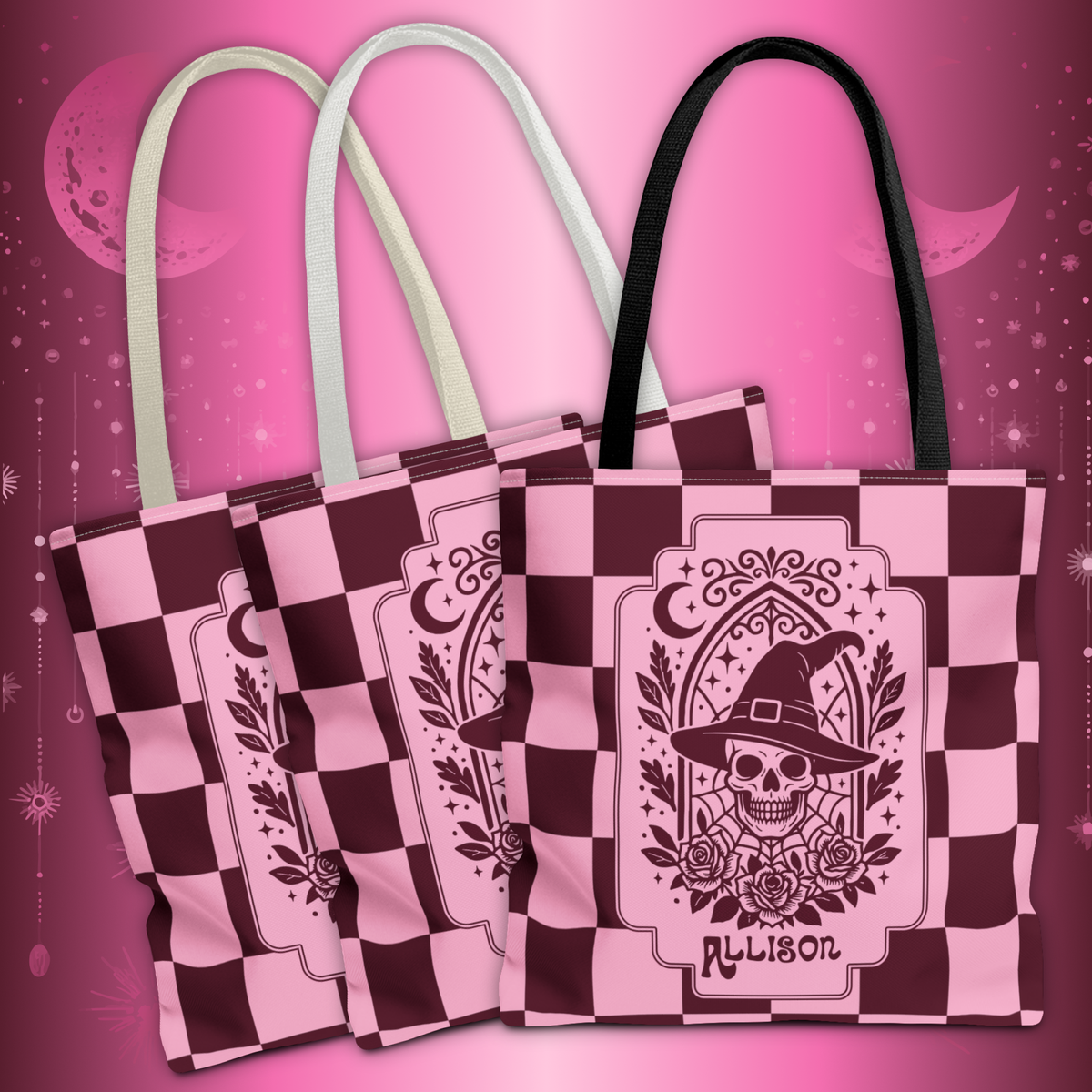 Pink Spooky Checkerboard Carryall - Gothic Witch Skull Personalizable Tote