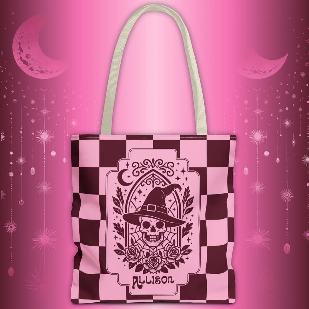 Pink Spooky Checkerboard Carryall - Gothic Witch Skull Personalizable Tote