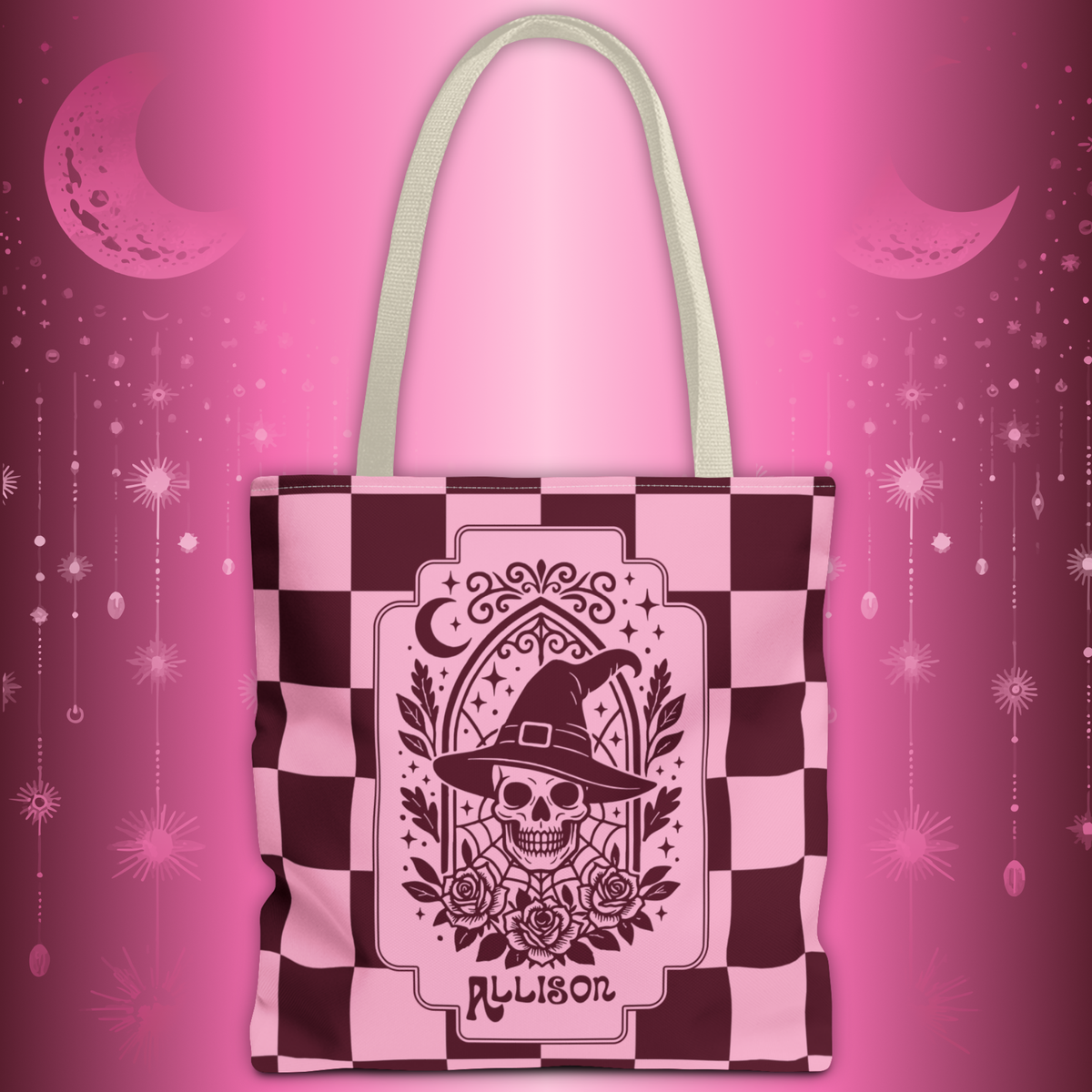Pink Spooky Checkerboard Carryall - Gothic Witch Skull Personalizable Tote
