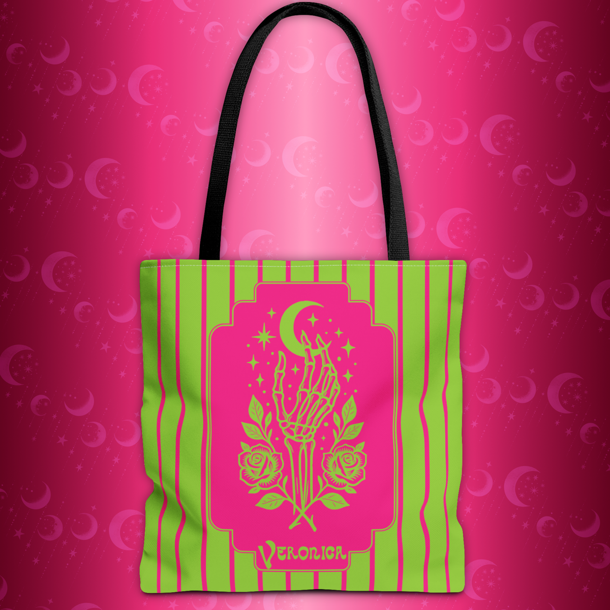 Mystic Skeletal Hand Tote Bag -Personalizable Retro Gothic Neon Moon and Roses Carryall