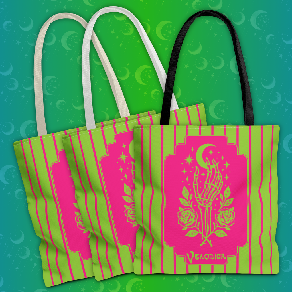 Mystic Skeletal Hand Tote Bag -Personalizable Retro Gothic Neon Moon and Roses Carryall