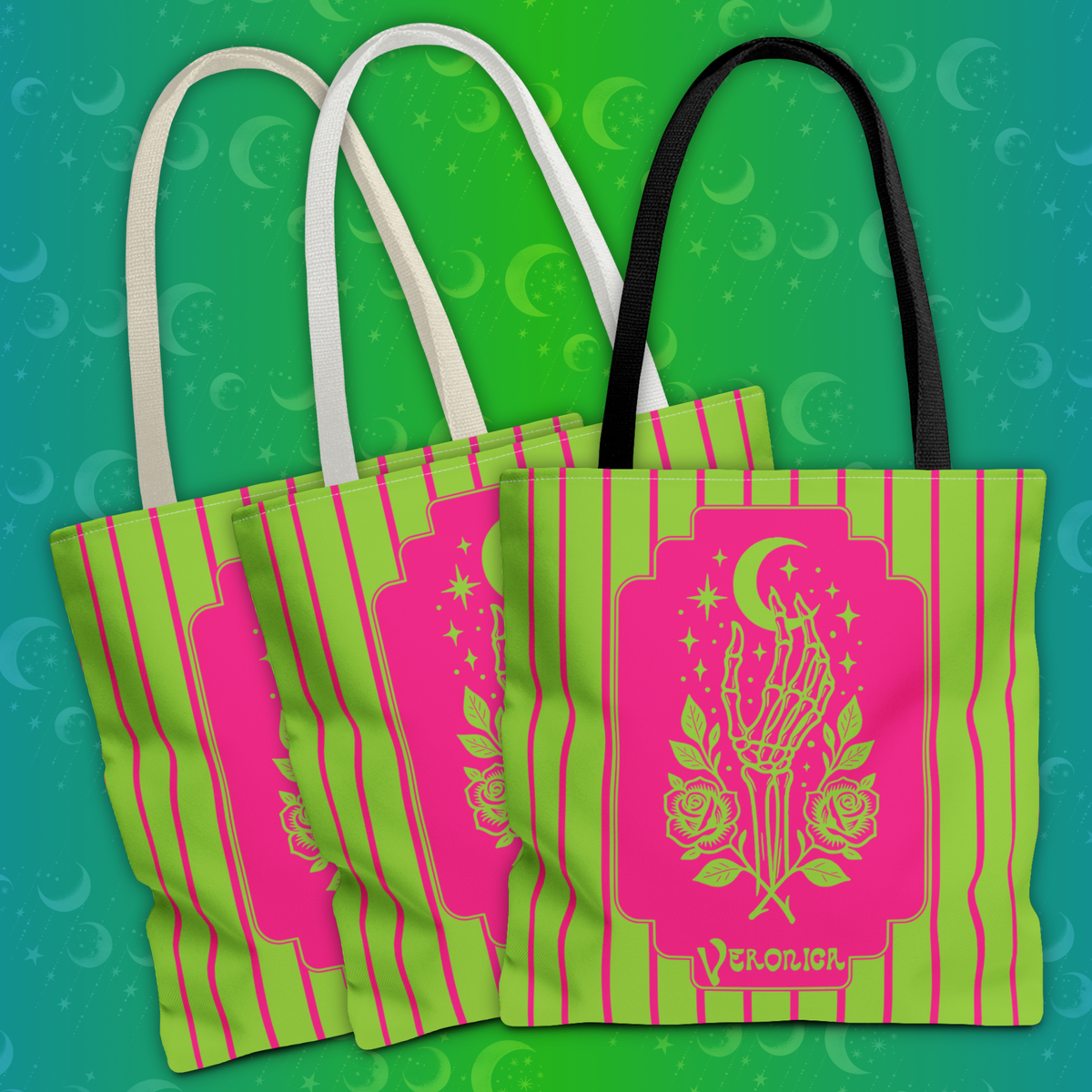 Mystic Skeletal Hand Tote Bag -Personalizable Retro Gothic Neon Moon and Roses Carryall