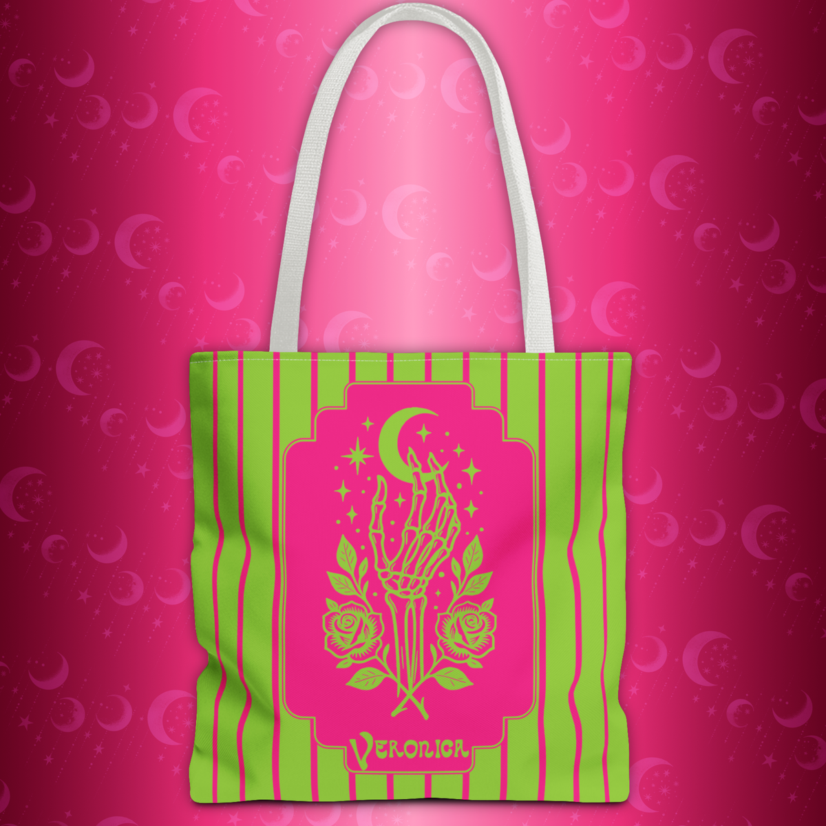 Mystic Skeletal Hand Tote Bag -Personalizable Retro Gothic Neon Moon and Roses Carryall