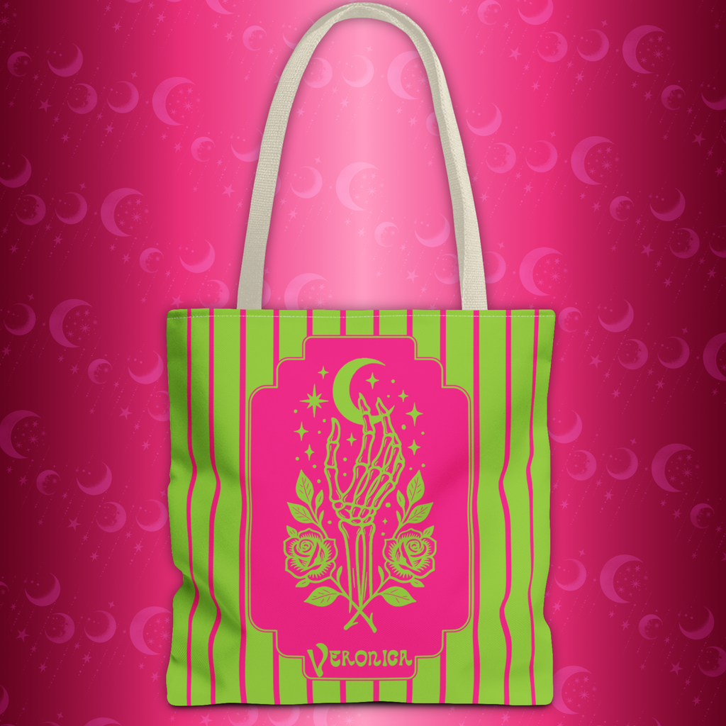 Mystic Skeletal Hand Tote Bag -Personalizable Retro Gothic Neon Moon and Roses Carryall